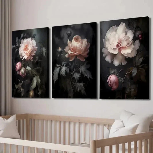 3pcs Gothic Peony Pink & White Roses Wall Art Set Canvas Framed 40x60cm - High Quality Print 100% Australian Made Wall Canvas Ready to Hang