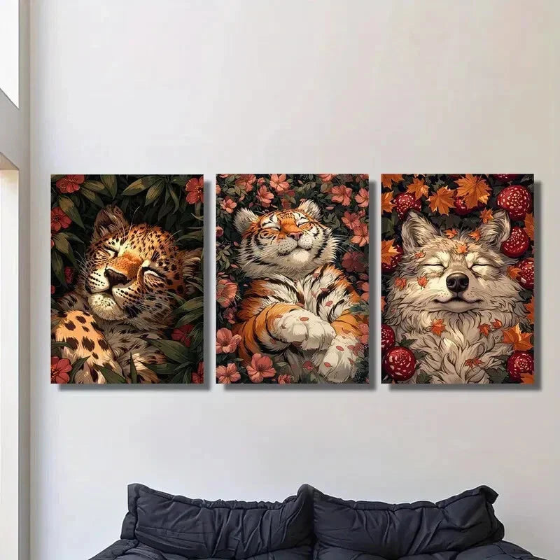 3pcs Leopard ,Tiger, Wolf Sleeping among Flowers,Metal Print Ready to Hang Art