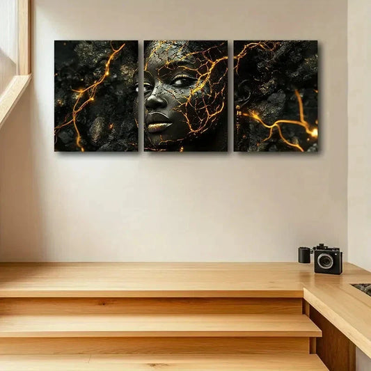 3pcs Split face with Golden Accent Design Metal Print Ready to Hang Art