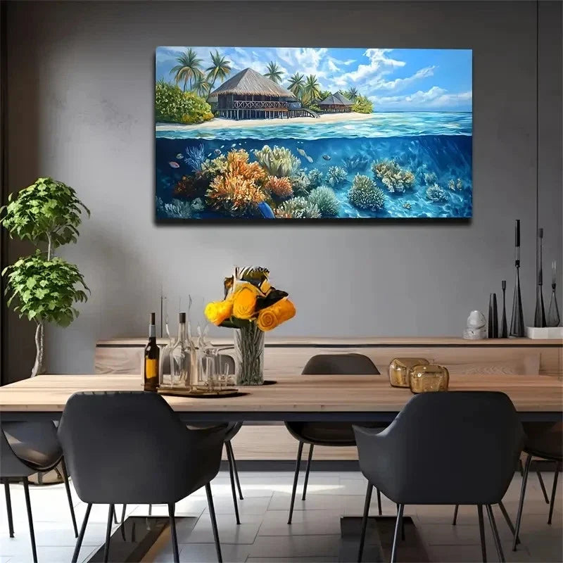 Island Thatched Hut And Coral Wall Art Canvas Office Home Room Framed 80x45cm