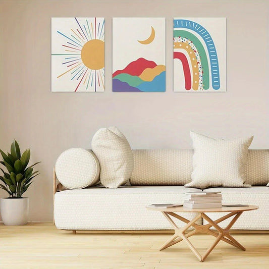3pcs Colorful Sunrise Abstract Nature Mid Century Metal Print Ready to Hang Art