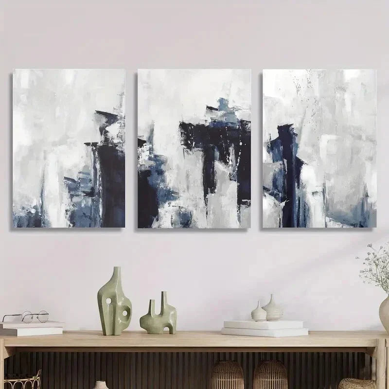 3pcs Abstract Blue and Gray Oil Painting Metal Print Ready to Hang Art