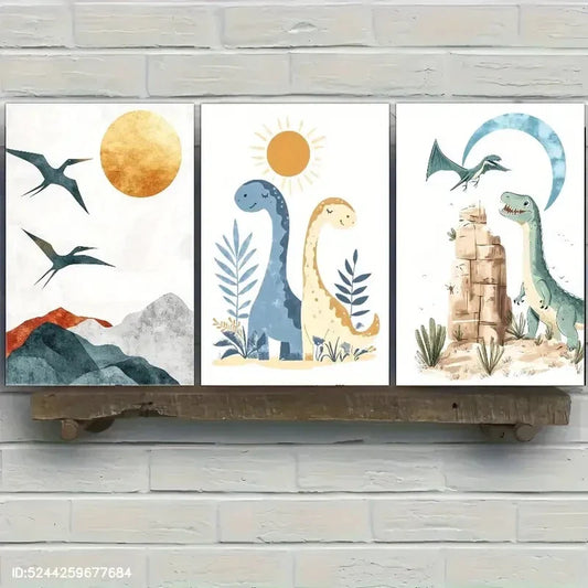 3pcs Cute Little Dinosaurs Playing In Outside Metal Print Ready to Hang Art