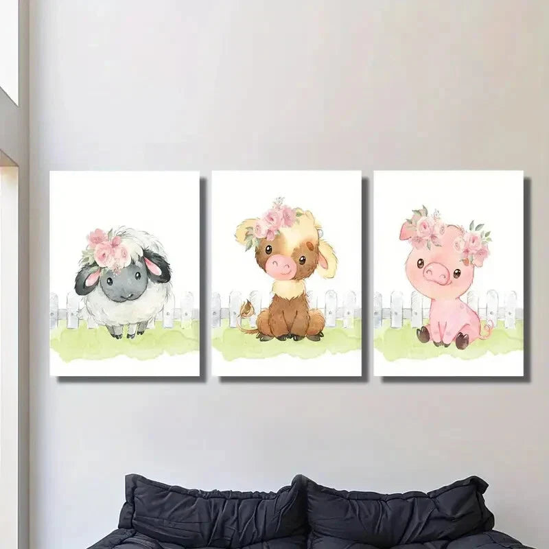 3pcs Watercolor cute calf, lamb and pig,, Metal Print Ready to Hang Art