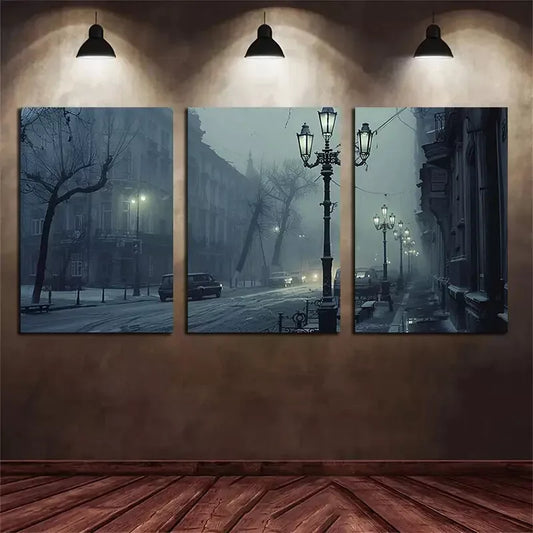 3pcs City in Fog At Night  Canvas Framed 40x60cm - High Quality Print 100% Australian Made Wall Canvas Ready to Hang