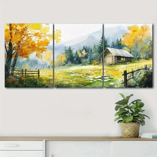 3pcs Beautiful Autumn Scenery Log Cabin Perfect Wall Art Set Canvas Framed 40x60cm - High Quality Print 100% Australian Made Wall Canvas Ready to Hang
