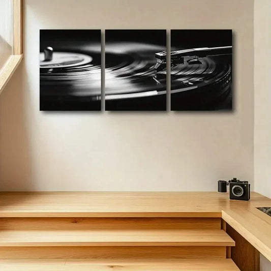 3pcs Black & White Design with Turntable & Music Metal Print Ready to Hang Art