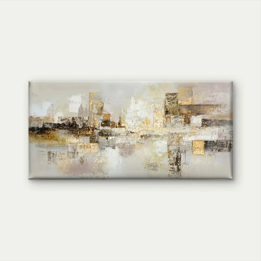 Abstract City Golden & Neutral Wall Art Canvas Office Home Room Framed 80x45cm