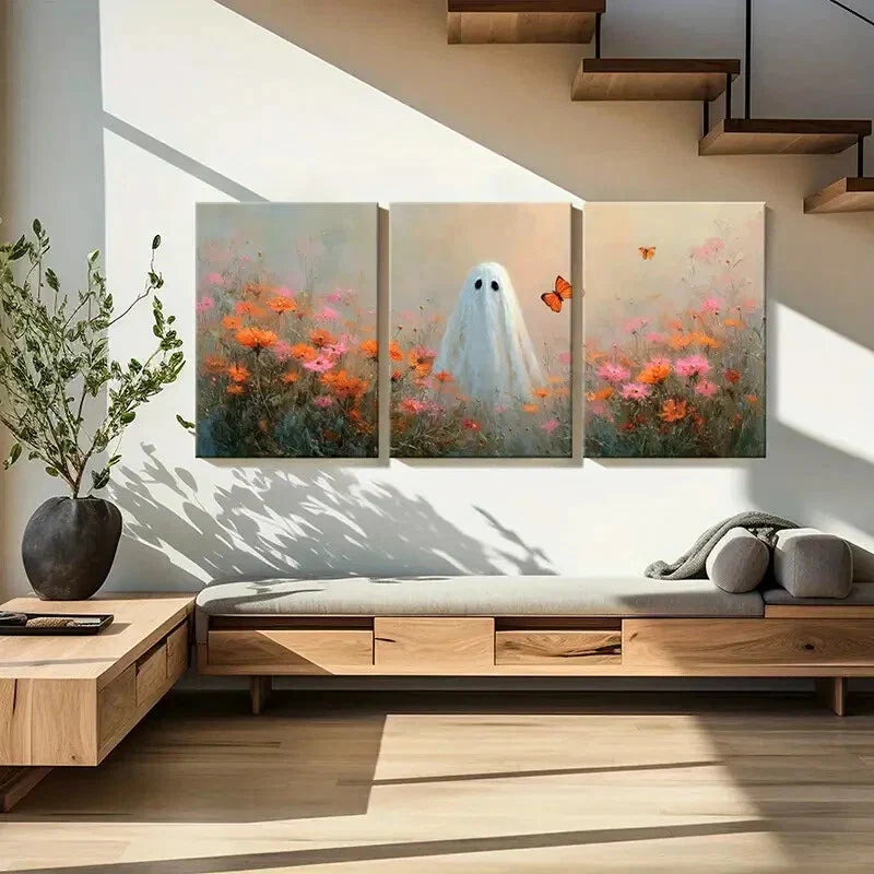 3pcs Artistic Ghost In Floral Field Whimsical Metal Print Ready to Hang Art