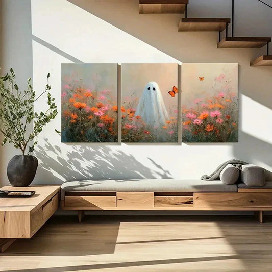3pcs Artistic Ghost In Floral Field Whimsical Metal Print Ready to Hang Art