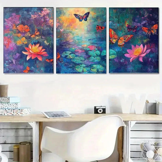 3pcs Watercolor Vibrant Butterfly And for Lotus Metal Print Ready to Hang Art