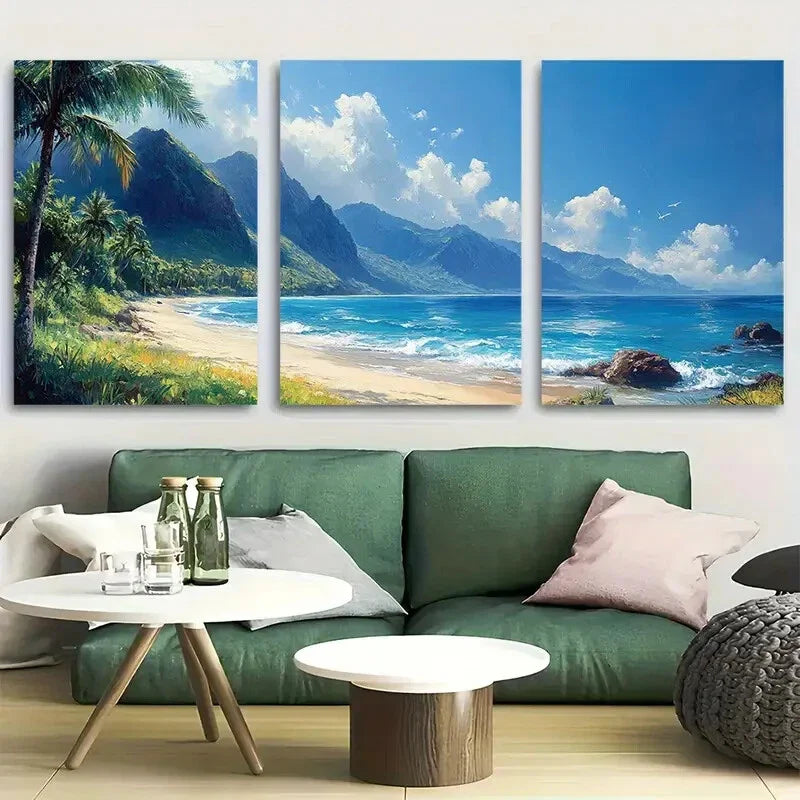 3pcs Tropical Beach with Palm Tree & Mountain View Metal Print Ready to Hang Art