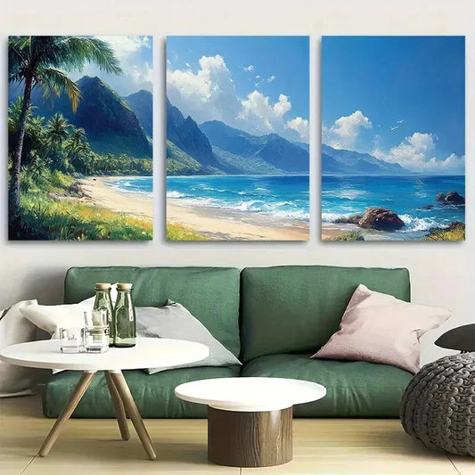 3pcs Tropical Beach with Palm Tree & Mountain View Metal Print Ready to Hang Art