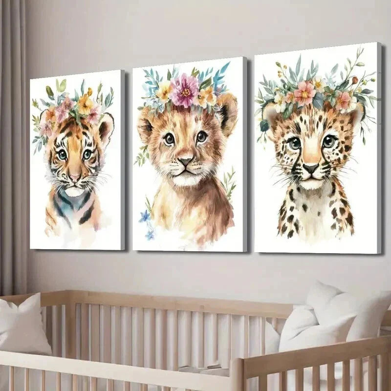 3pcs Tiger Cub & Lion with Floral Crowns Wall Art Set Canvas Framed 40x60cm - High Quality Print 100% Australian Made Wall Canvas Ready to Hang