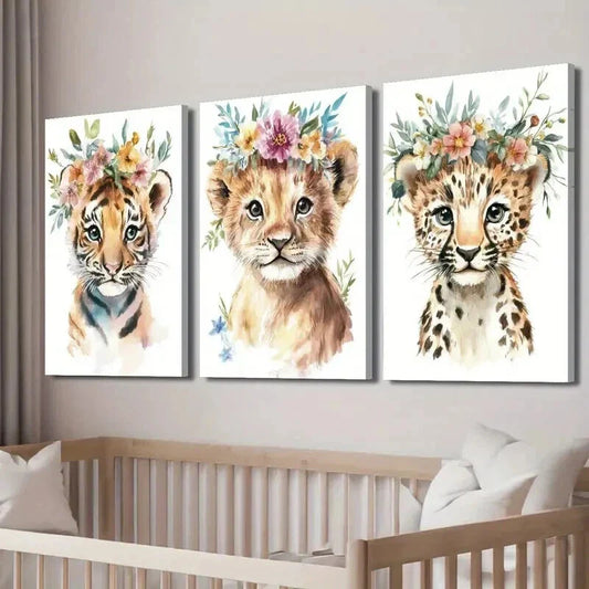 3pcs Tiger Cub & Lion with Floral Crowns Wall Art Set Canvas Framed 40x60cm - High Quality Print 100% Australian Made Wall Canvas Ready to Hang