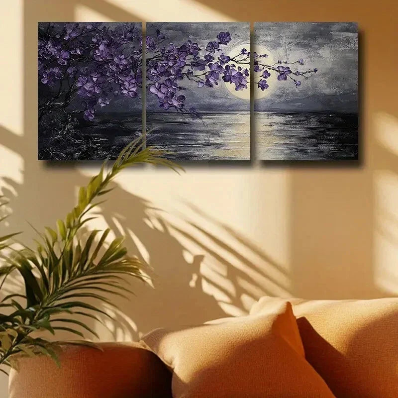 3pcs Purple Cherry Blossoms with Moon & Lake View Metal Print Ready to Hang Art