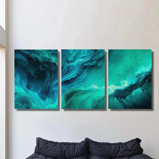 3pcs Blue Green Abstract Modern Style Metal Print Ready to Hang Art