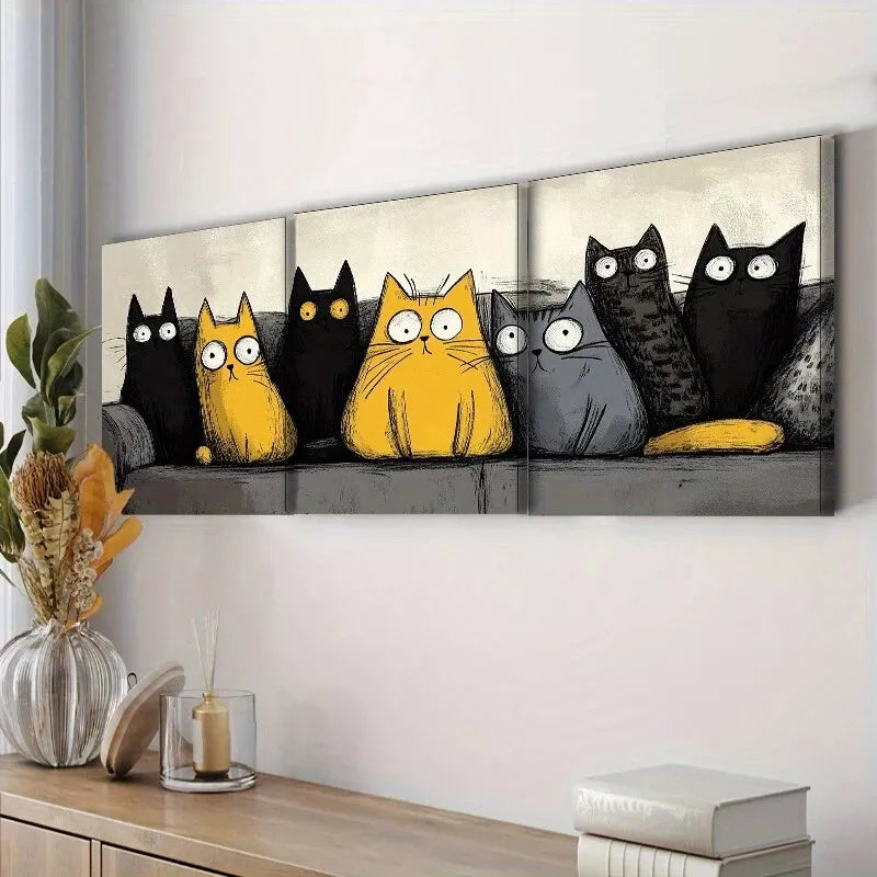 3pcs Modern Art Deco Cat Contemporary Wall   Art Set Canvas Framed 40x60cm - High Quality Print 100% Australian Made Wall Canvas Ready to Hang