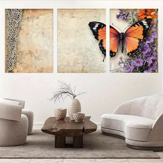 3pcs Rustic Floral Lace Vintage Butterfly Wall Art Set Canvas Framed 40x60cm - High Quality Print 100% Australian Made Wall Canvas Ready to Hang
