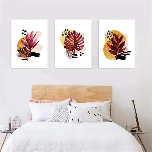 3pcs Golden Luxury Botanical Leaves Metal Print Ready to Hang Art
