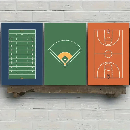 3pcs Baseball Basketball & Football Fields Metal Print Ready to Hang Art