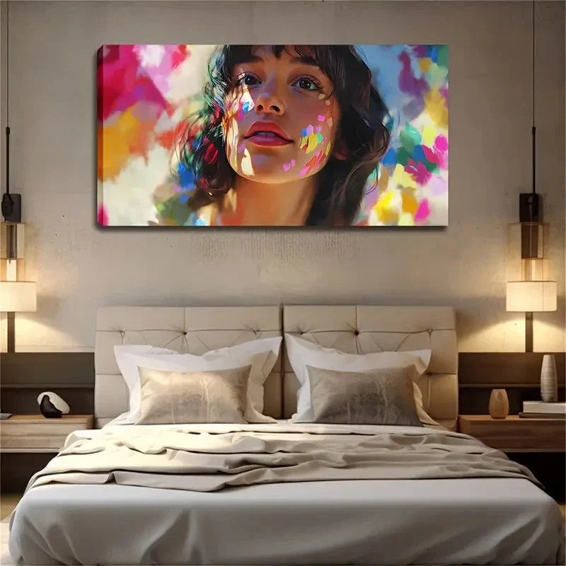 Dark Curly Hair Female Face Wall Art Canvas Office Home Room Framed 120x60cm