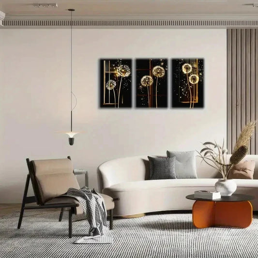 3pcs Golden Dandelions on Black Background Metal Print Ready to Hang Art