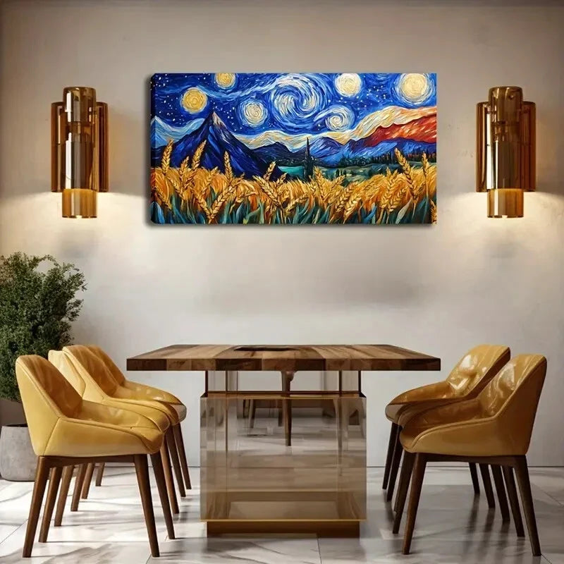 Vibrant Starry Night Sky Wheat Wall Art Canvas Office Home Room Framed 120x60cm