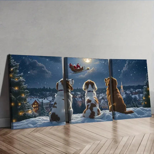 3pcs The dog looks at Santa Claus Wall Art Set Canvas Framed 40x60cm - High Quality Print 100% Australian Made Wall Canvas Ready to Hang