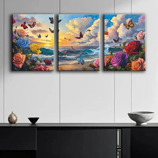 3pcs Vibrant Roses and Butterflies Beach Perfect Wall Art Set Canvas Framed 40x60cm - High Quality Print 100% Australian Made Wall Canvas Ready to Hang