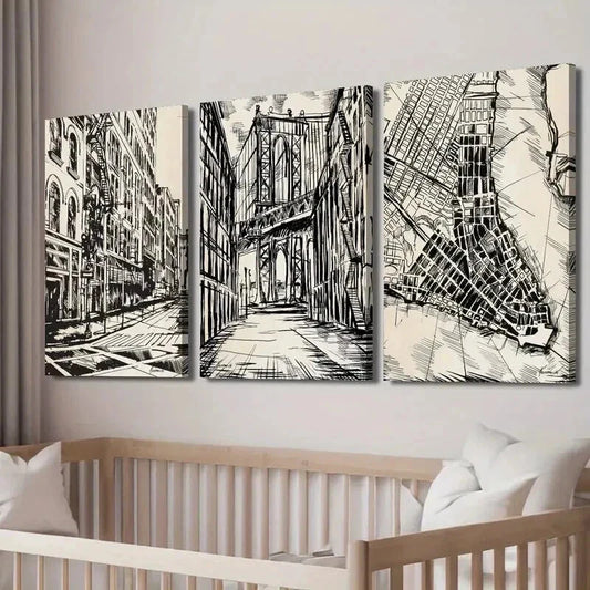 3pcs Black & White New York City Street Map Wall Art Set Canvas Framed 40x60cm - High Quality Print 100% Australian Made Wall Canvas Ready to Hang