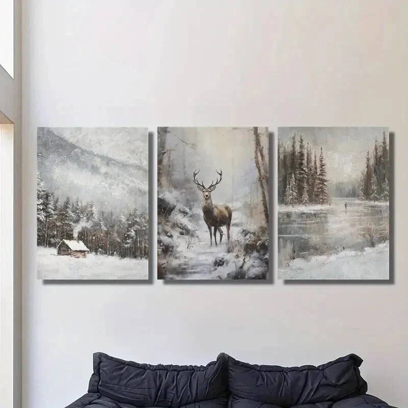 3pcs vintage reindeer, frozen lake, retro winter Metal Print Ready to Hang Art