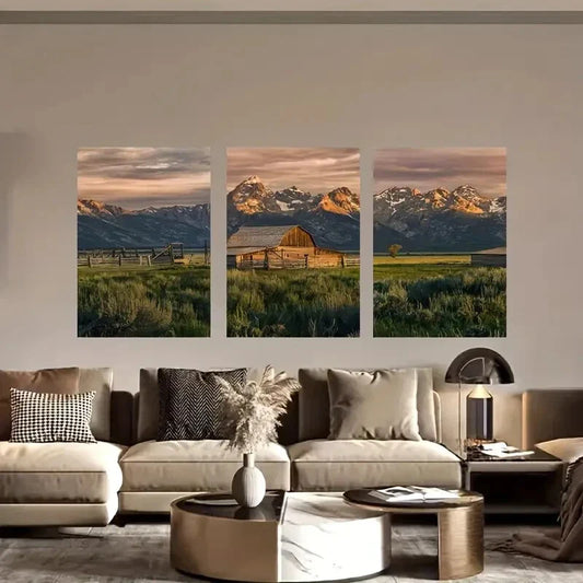 3pcs Mountain Cabin Landscape Metal Print Ready to Hang Art