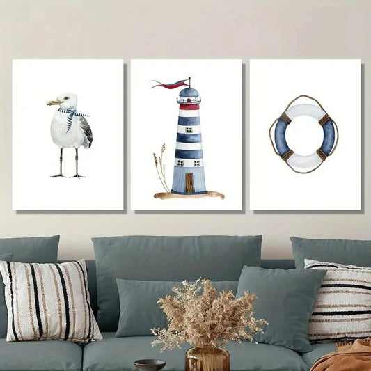 3pcs White seagull wearing scarf, lighthouseMetal Print Ready to Hang Art