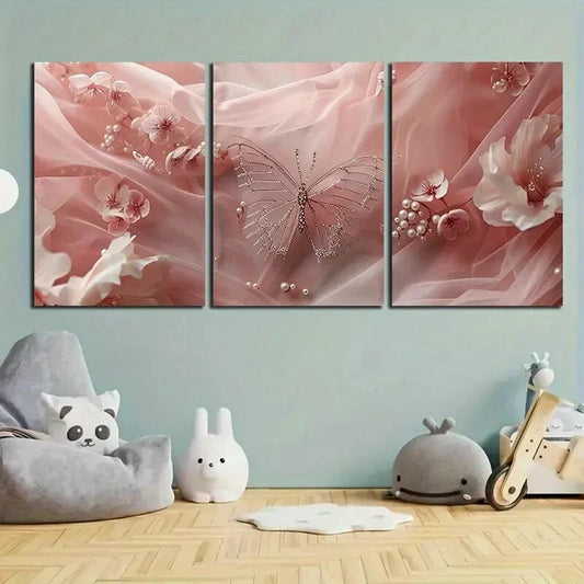 3pcs Pink Butterfly White Flowers Metal Print Ready to Hang Art