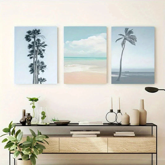 3pcs Serene Beach Palm Tree Blue Tones Metal Print Ready to Hang Art