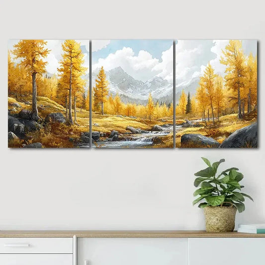 3pcs Mountain River Landscape Golden Perfect Wall Art Set Canvas Framed 40x60cm - High Quality Print 100% Australian Made Wall Canvas Ready to Hang