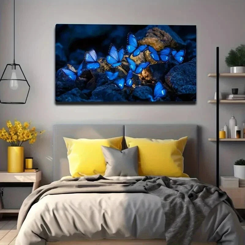 Beautiful Blue Butterflies Wall Art Canvas Office Home Room Framed 80x45cm