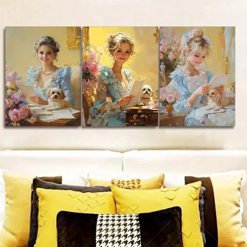 3pcs Afternoon Time Girl with Dog Art Painting Metal Print Ready to Hang Art