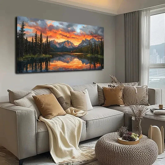 Serene Lake Sunset Landscape Wall Art canvas office home room framed 120x60cm