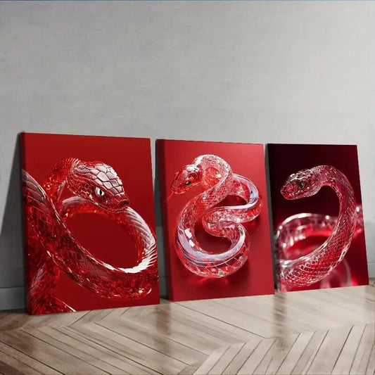 3pcs Red Crystal Snake  Wall Art Set Canvas Framed 40x60cm - High Quality Print 100% Australian Made Wall Canvas Ready to Hang