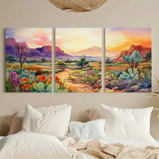 3pcs Vibrant Wildflower & Mountain Landscape Metal Print Ready to Hang Art