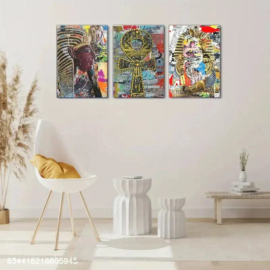 3pcs Egyptian King'S Set Design, Minimalist Metal Print Ready to Hang Art