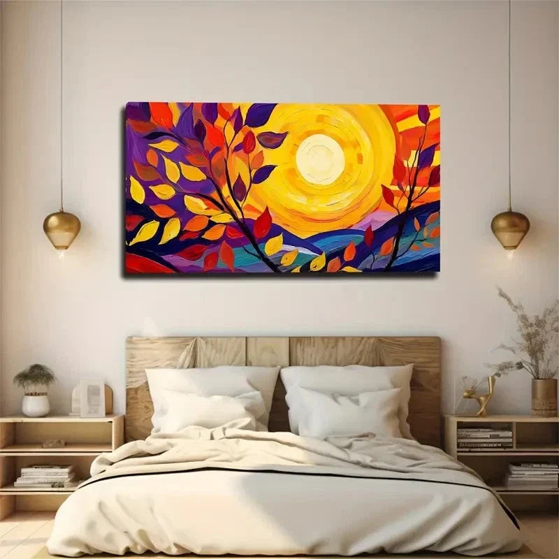Round Yellow Sun Leaves Wall Art Canvas Office Home Room Framed 80x45cm