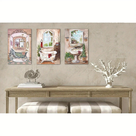 3pcs Bathtub Rustic Style Painting Metal Print Ready to Hang Art