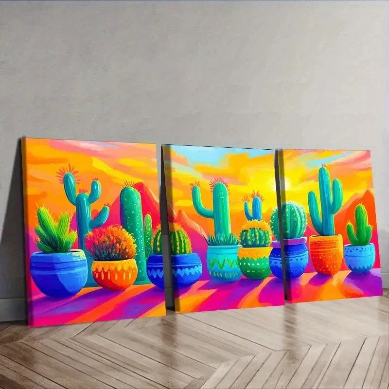 3pcs  Cactus in colorful flower POTS Wall Art Set Canvas Framed 40x60cm - High Quality Print 100% Australian Made Wall Canvas Ready to Hang
