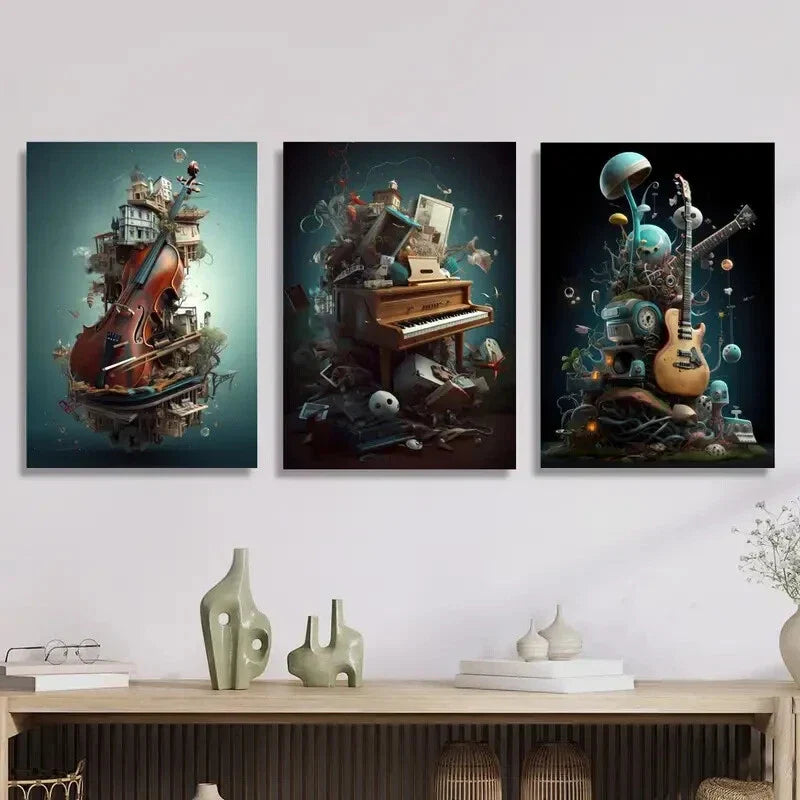 3pcs Vibrant Whimsical Abstract Music-Themed  Metal Print Ready to Hang Art