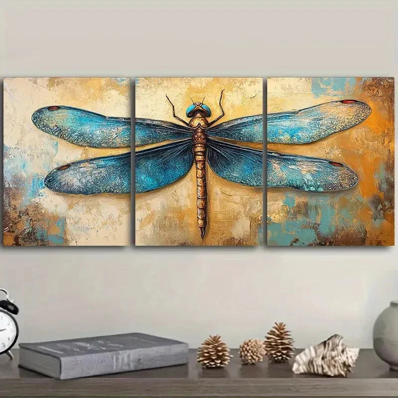 3pcs Blue Dragonfly Wall Art Set Canvas Framed 40x60cm - High Quality Print 100% Australian Made Wall Canvas Ready to Hang