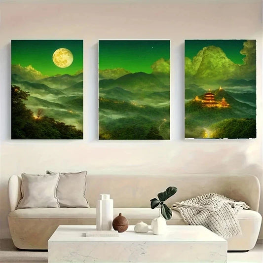 3pcs A Scenic Featuring a Pagoda Metal Print Ready to Hang Art