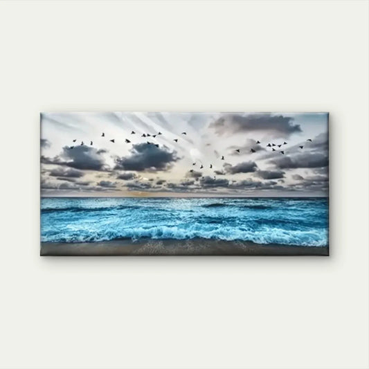 Blue Beach Birds Dark Sky Wall Art Canvas Office Home Room Framed 80x45cm